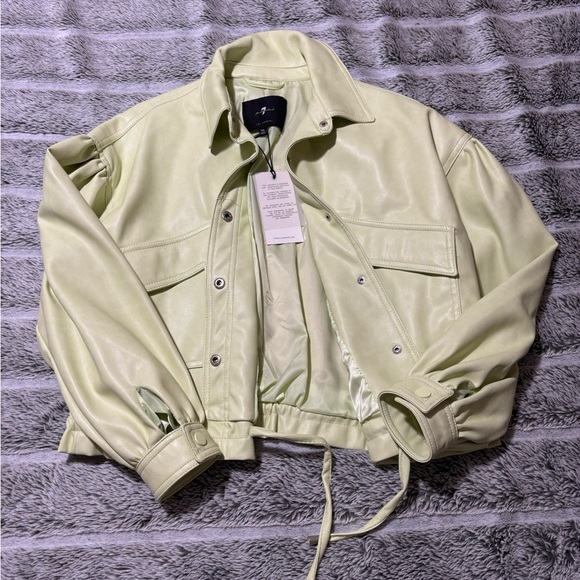 7 For All Mankind Light Green Faux Leather Crop Bomber Jacket Size XS - Picture 4 of 7